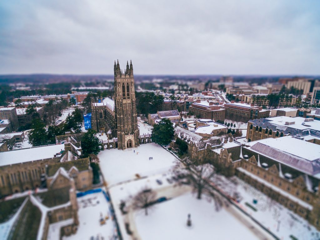 Overhead look at a snowy day on West Campus at Duke University